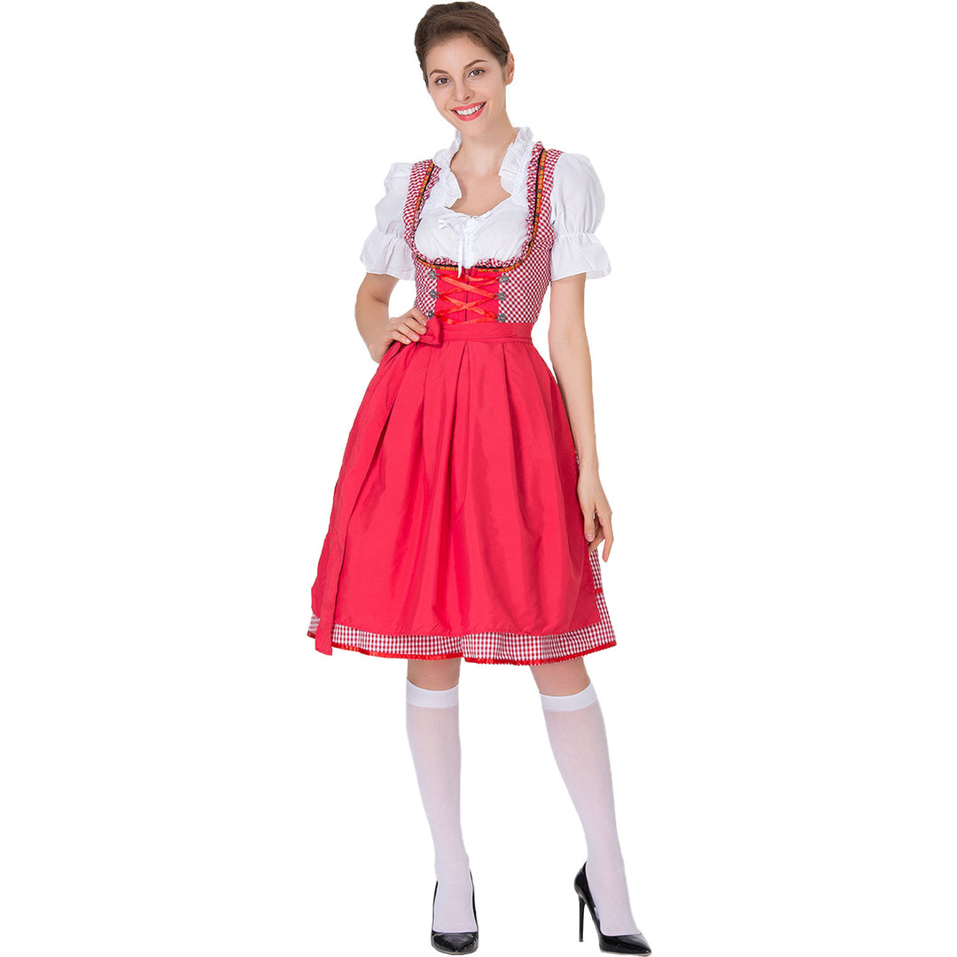 Damen nan karierter Dirndlkleid mit geraffter Schürze und geschnürter Miederfront Echo Archiv