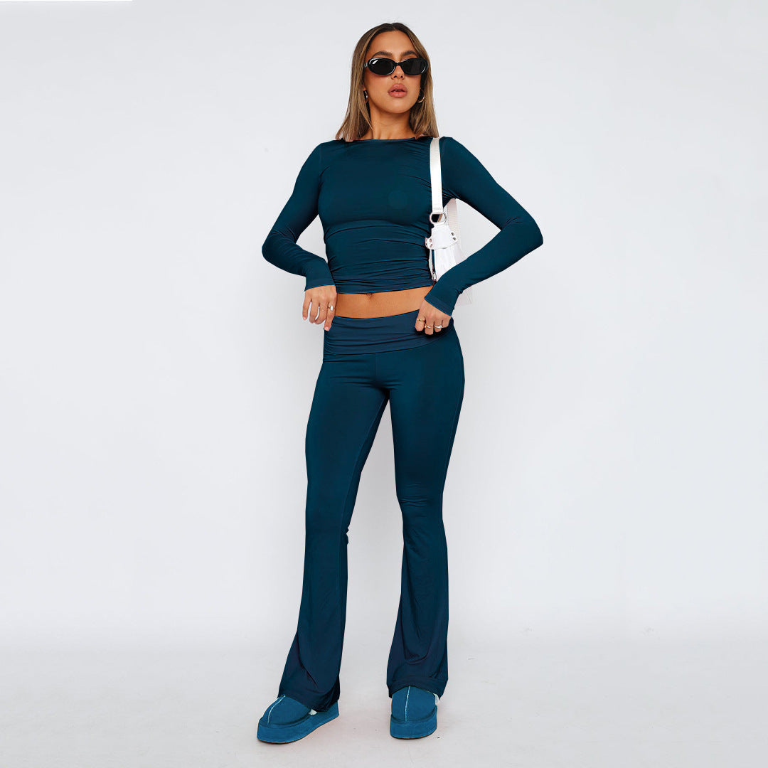 Damen Stretch Lounge Set mit kurzärmligem Oberteil und weit geschnittenen High-Waist-Hosen – Élanora