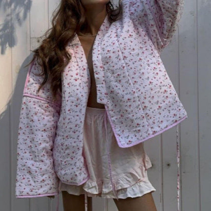 Damen Gepolsterte Kurz-Steppjacke mit floralem Micro-Print, Kontrastpaspel & Boxy-Silhouette Echoarchiv