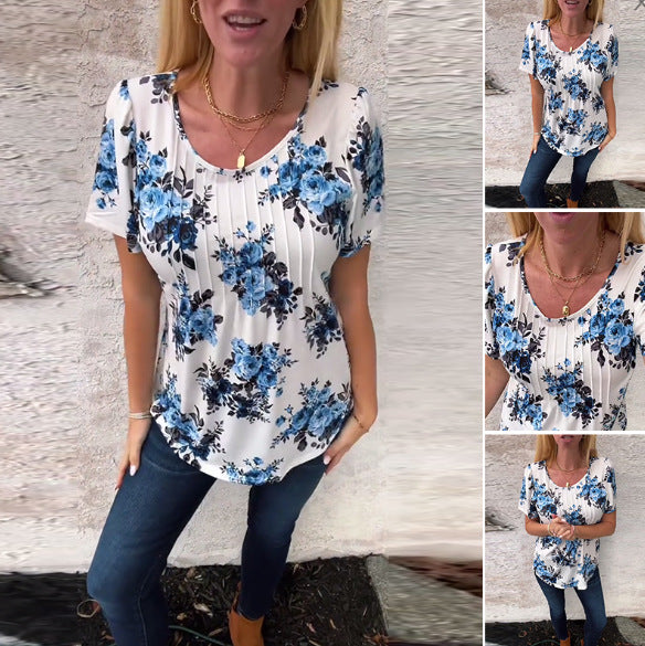 Damen nan locker geschnittenes Kurzarm-Blusenshirt mit Kellerfalten und floralem Druck Echo Archiv
