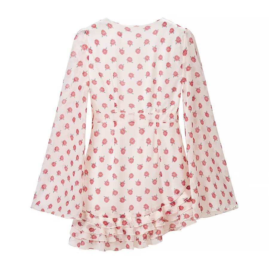 Damen Fließende Chiffonbluse mit floralem Print, tiefem V-Ausschnitt und Volantstufen Echo Archiv