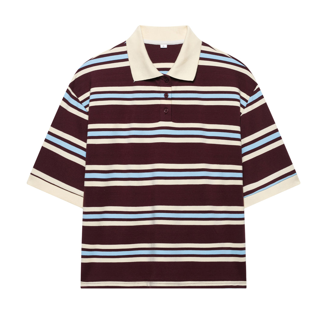 Damen Lässiges Langarm-Poloshirt mit Streifenmuster und Rippbündchen Echo Archiv