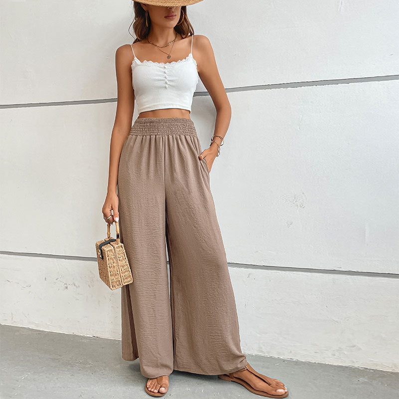 Damen Palazzo-Hose mit hohem, elastischem Rüschenbund und Eingrifftaschen – Avélisse