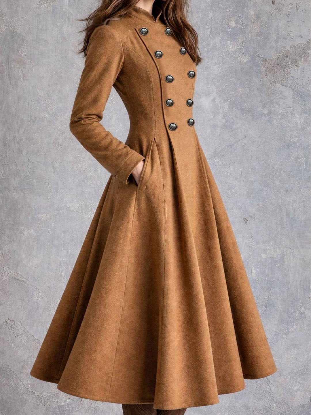 Damen tailliertes Mantelkleid mit doppelreihiger Knopfleiste und ausgestelltem Rock Echoarchiv