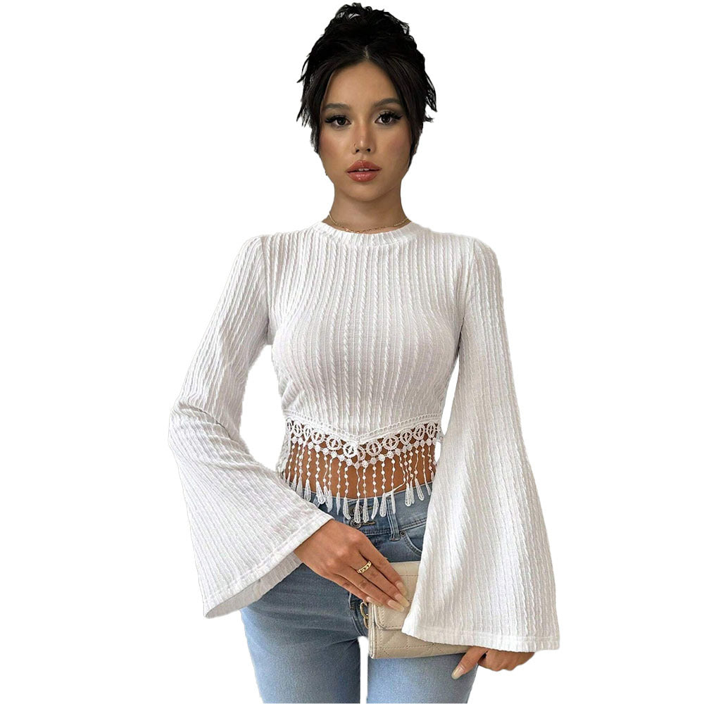 Damen gehäkeltes Spitzen-Crop-Top mit ausgestellten Trompetenärmeln und Häkelfransen – Avérine