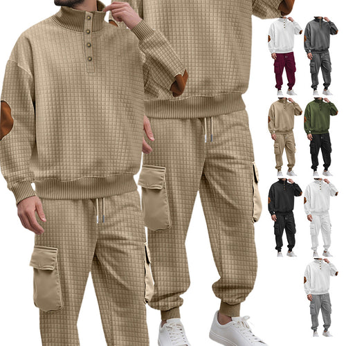 Herren nan Karo-Relief-Sweatset mit Stehkragen-Knopfleiste, Velours-Ellenbogenpatches und Cargo-Jogger Echo Archiv