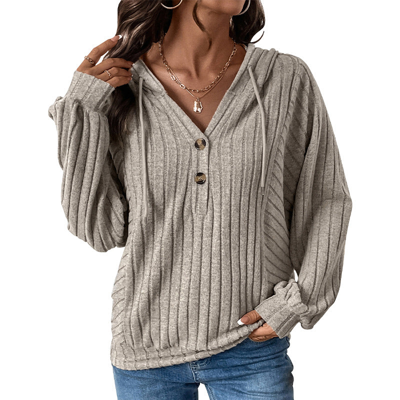 Damen Gerippter Kapuzenpullover mit V‑Ausschnitt, Knopfleiste und Oversize-Ärmeln Echoarchiv
