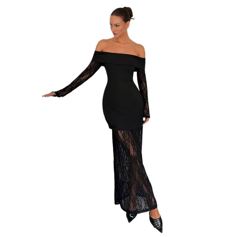 Damen Spitzen Abendkleid mit schulterfreiem Design und langen Ärmeln Echo Archiv
