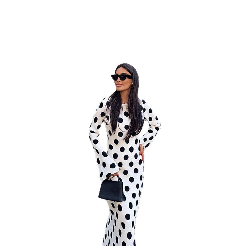 Damen Figurbetontes Polka-Dot Maxikleid mit Trompetenärmeln & Rundhalsausschnitt Echoarchiv