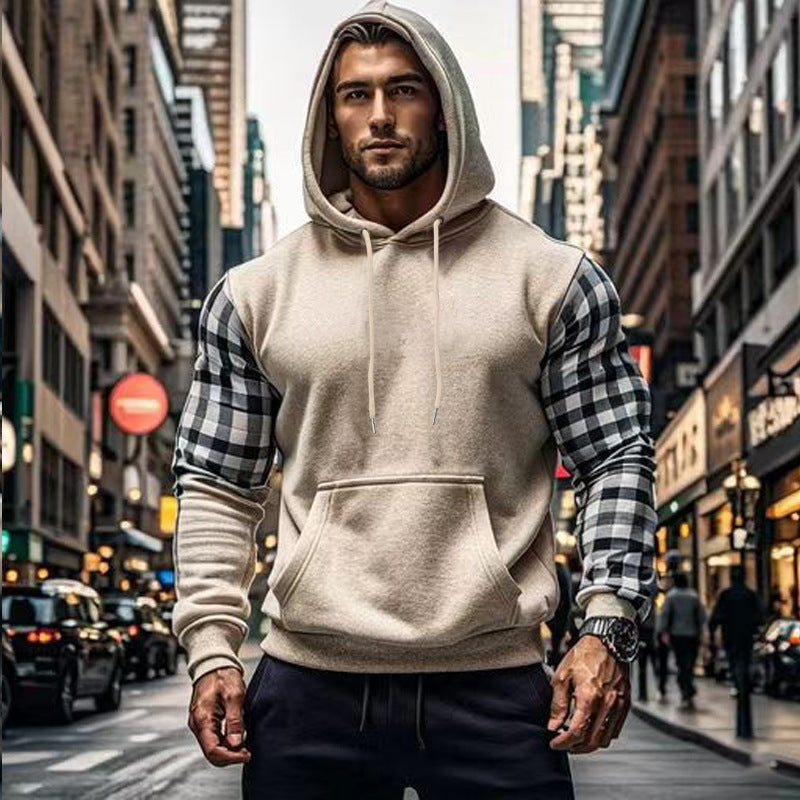 Herren Kapuzenpullover mit modischem Karomuster an den Ärmeln und praktischer Kängurutasche Echoarchiv
