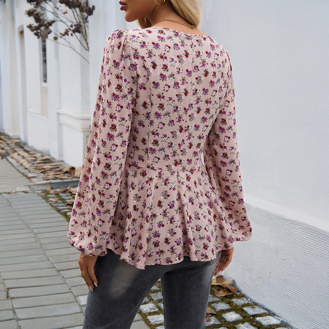 Damen nan taillierte Blumenbluse mit quadratischem Ausschnitt, Raffung und Schößchen-Silhouette Echo Archiv