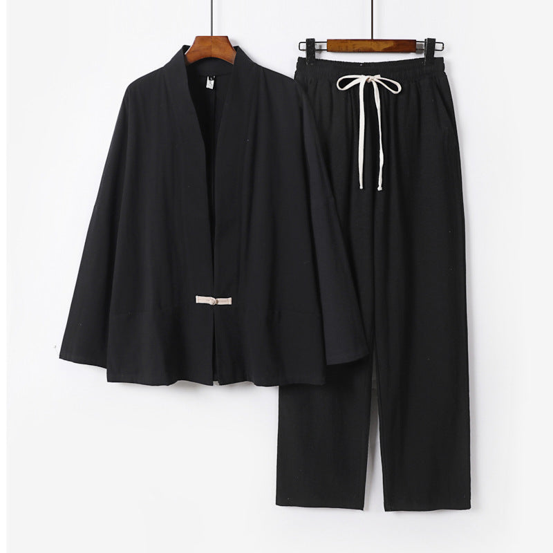 Herren Zen-inspiriertes Kimono-Loungewear-Set aus leichter Baumwollmischung mit offenem Schnitt und Kordelbundhose Echoarchiv