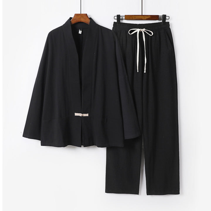 Herren Zen-inspiriertes Kimono-Loungewear-Set aus leichter Baumwollmischung mit offenem Schnitt und Kordelbundhose Echoarchiv