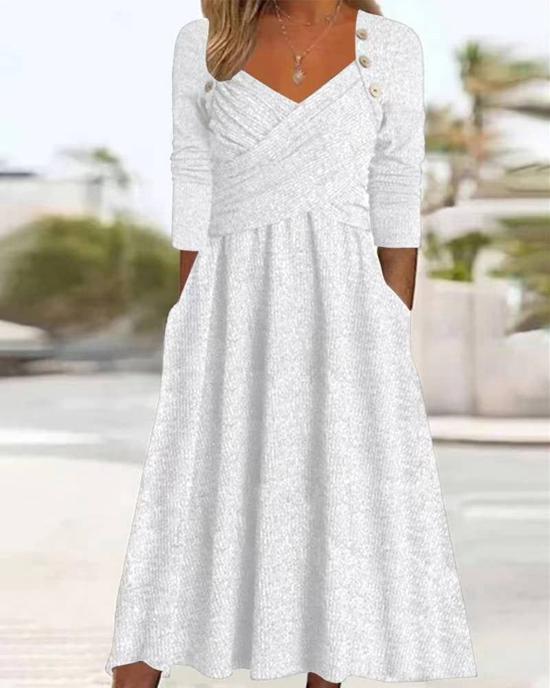 Damen nan legeres Strick-Maxikleid mit Wickeloberteil V-Ausschnitt Eingrifftaschen und Zierknopfleiste Echo Archiv
