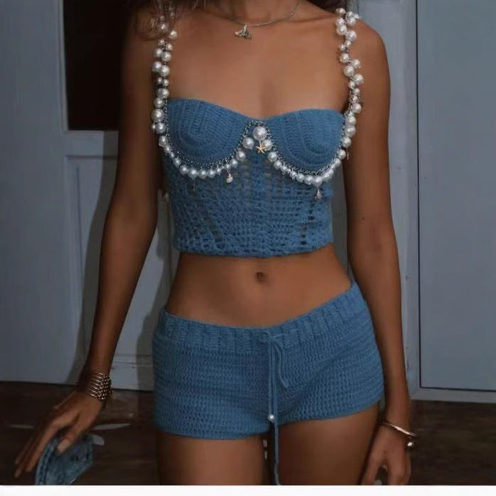 Damen Kuscheliges Häkeloberteil mit perlenbesetztem Träger und Shorts Echo Archiv