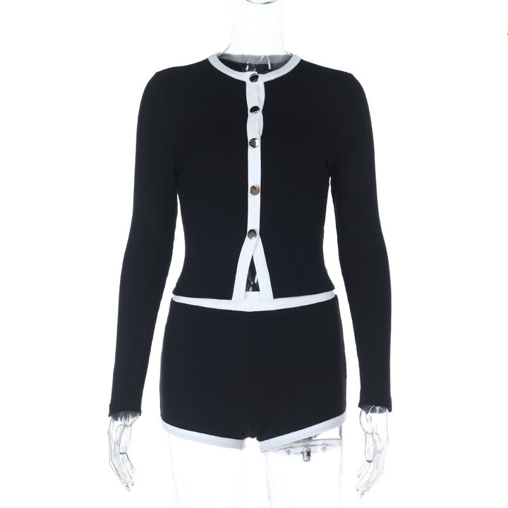 Damen Kurzes geripptes Strick-Set mit Knopfcardigan und High‑Waist-Shorts – Avérine
