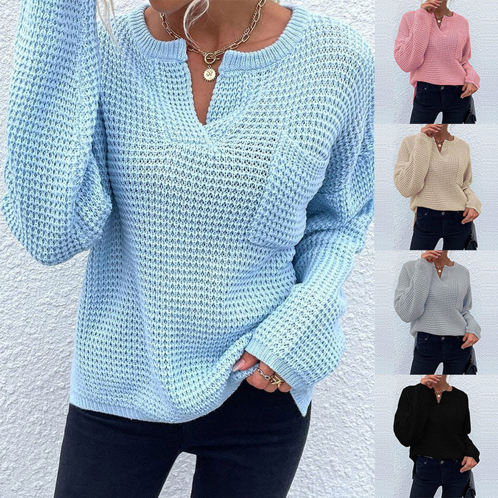 Damen Waffelstrick-Pullover mit V-Schlitz, oversized Schnitt und Ballonärmeln Echo Archiv