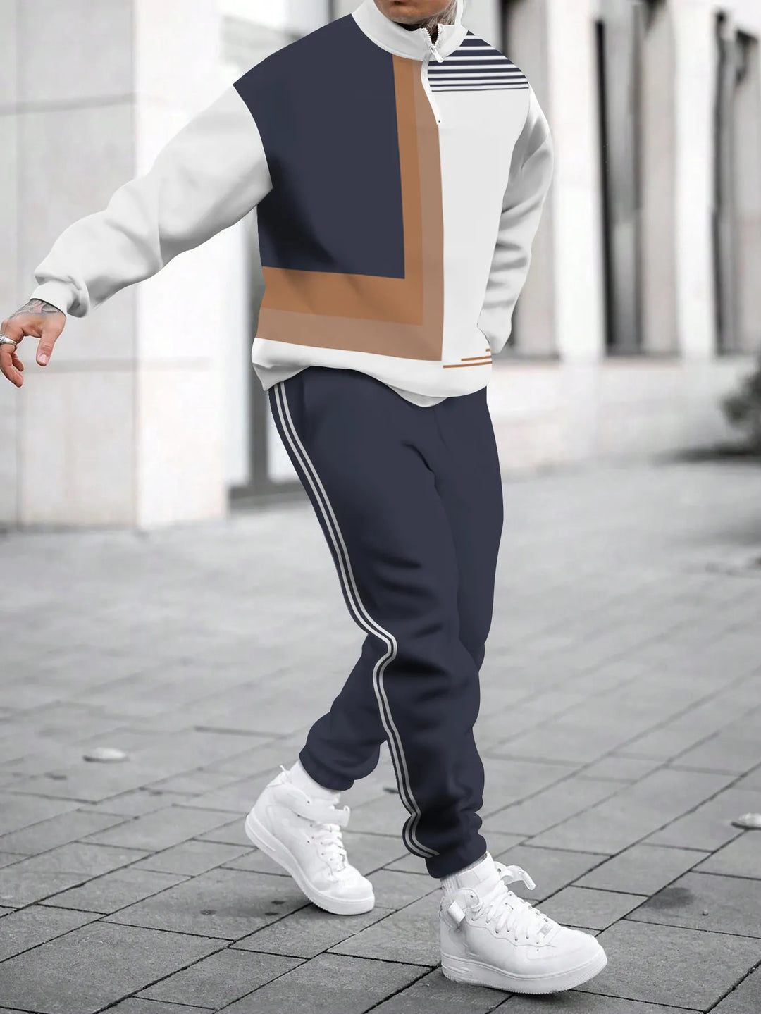 Herren sportliches Outfit mit hohem Kragen und modischem Grafikdesign Echoarchiv