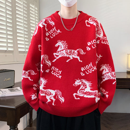 Herren Verspielter Grobstrickpullover mit Pferdemotiv Echoarchiv