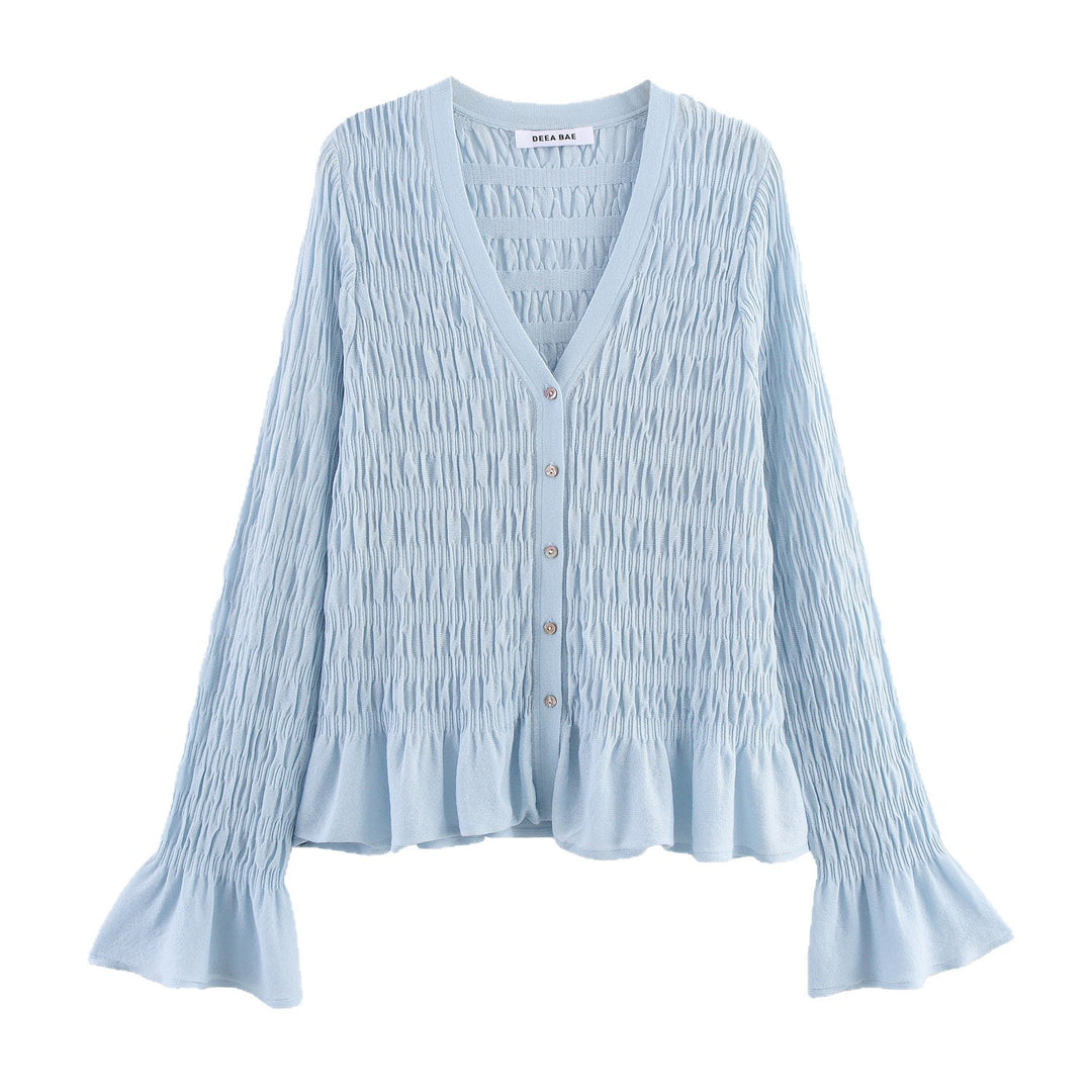 Damen geraffte Smock-Cardigan mit V-Ausschnitt und Volantärmeln Echo Archiv