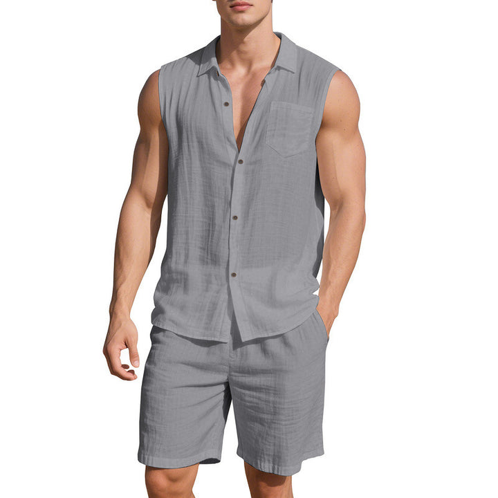 Herren lässiges Sommer-Outfit mit Hemd ohne Ärmel und Shorts Echoarchiv