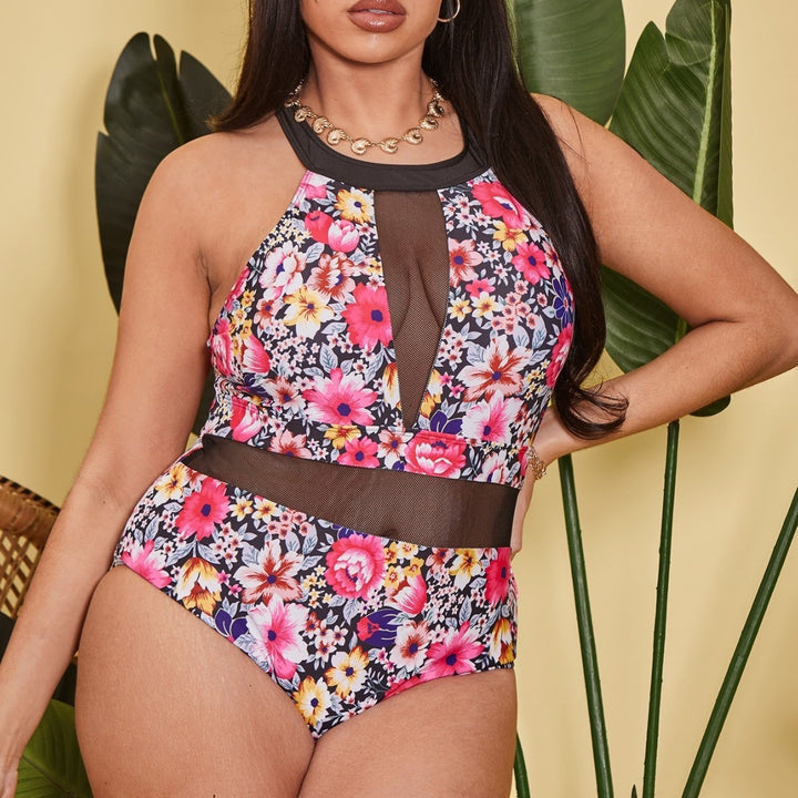 Damen Einteiler Badeanzug mit floralem Design und transparenten Einsätzen Echo Archiv