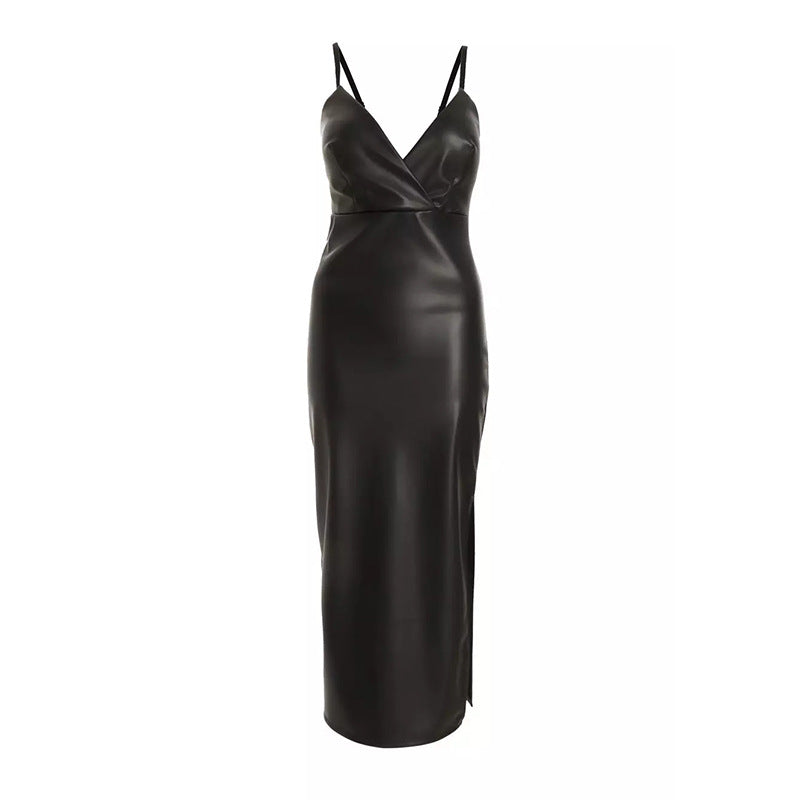 Damen Figurumspielendes Kunstleder-Midikleid mit tiefem V-Ausschnitt und seitlichem Schlitz Echo Archiv