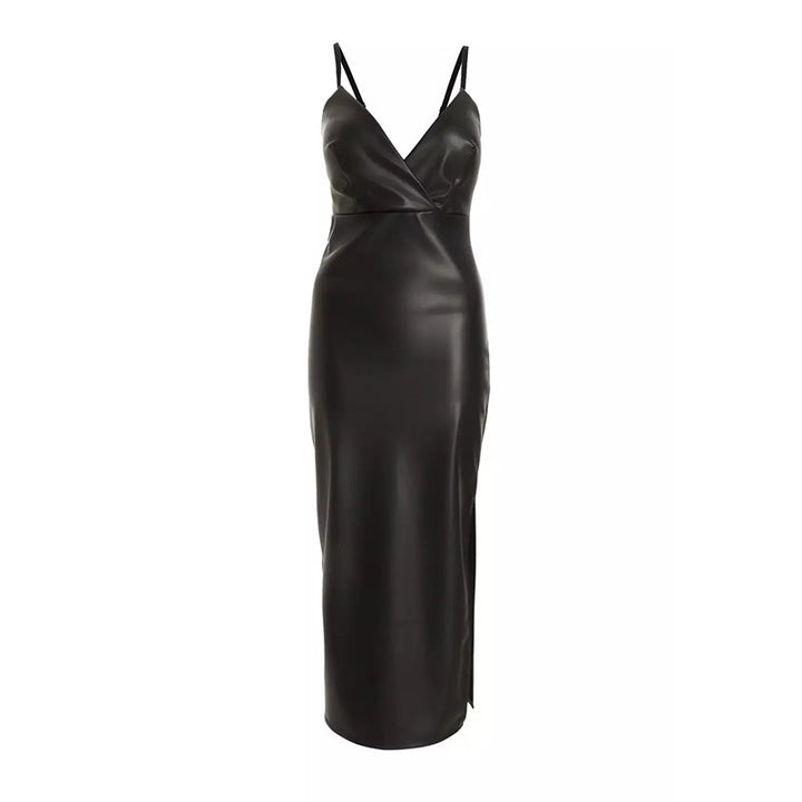 Damen Figurumspielendes Kunstleder-Midikleid mit tiefem V-Ausschnitt und seitlichem Schlitz Echo Archiv