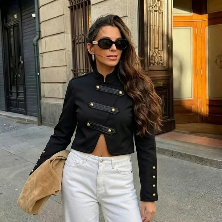 Damen Cropped Militärblazer im Uniformstil mit dekorativen Zierstreifen und Messingknöpfen Echoarchiv