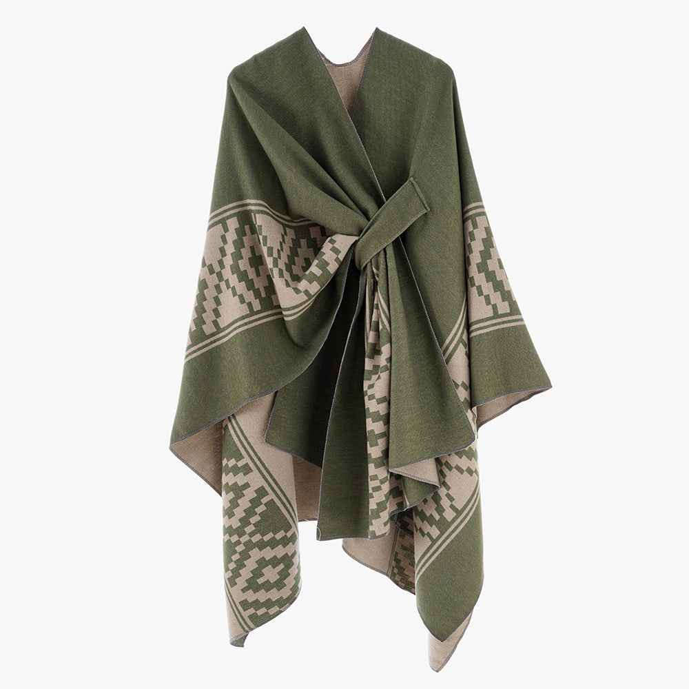 Damen Jacquard‑Ruana mit Bindegürtel und geometrischem Muster – Avérine