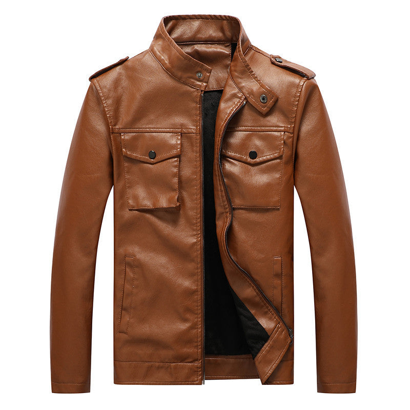 Herren Kunstlederjacke im Fieldstil mit Stehkragen, Schulterpatten und Brustklappentaschen – Taviero