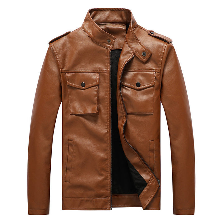 Herren Kunstlederjacke im Fieldstil mit Stehkragen, Schulterpatten und Brustklappentaschen – Taviero