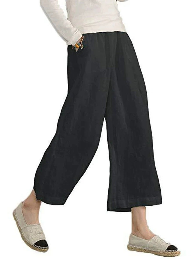 Damen weite Leinenhose mit seitlichen Taschen und elastischem Bund Echoarchiv
