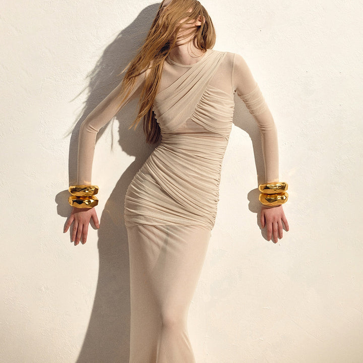 Damen Elegantes langarm Maxikleid mit raffinierten Drapierungsdetails und figurbetontem Schnitt Echo Archiv