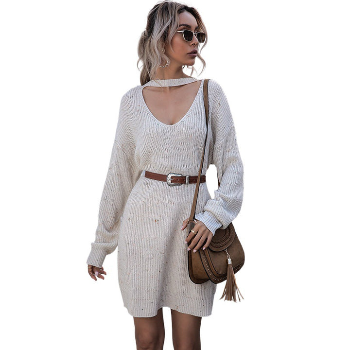 Damen Bequeme Strickkleid mit V-Ausschnitt und Choker Echo Archiv