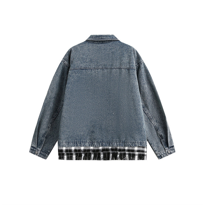 Unisex Kastig geschnittener Denim-Blouson im Lagenlook mit karierter Innenlage Echoarchiv