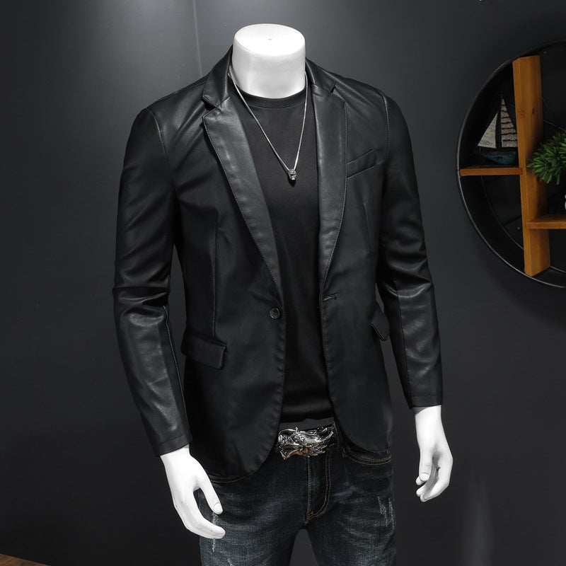 Herren Lederblazer im Slim-Fit mit Reverskragen und kontrastierenden Ledereinsätzen – Tianoro