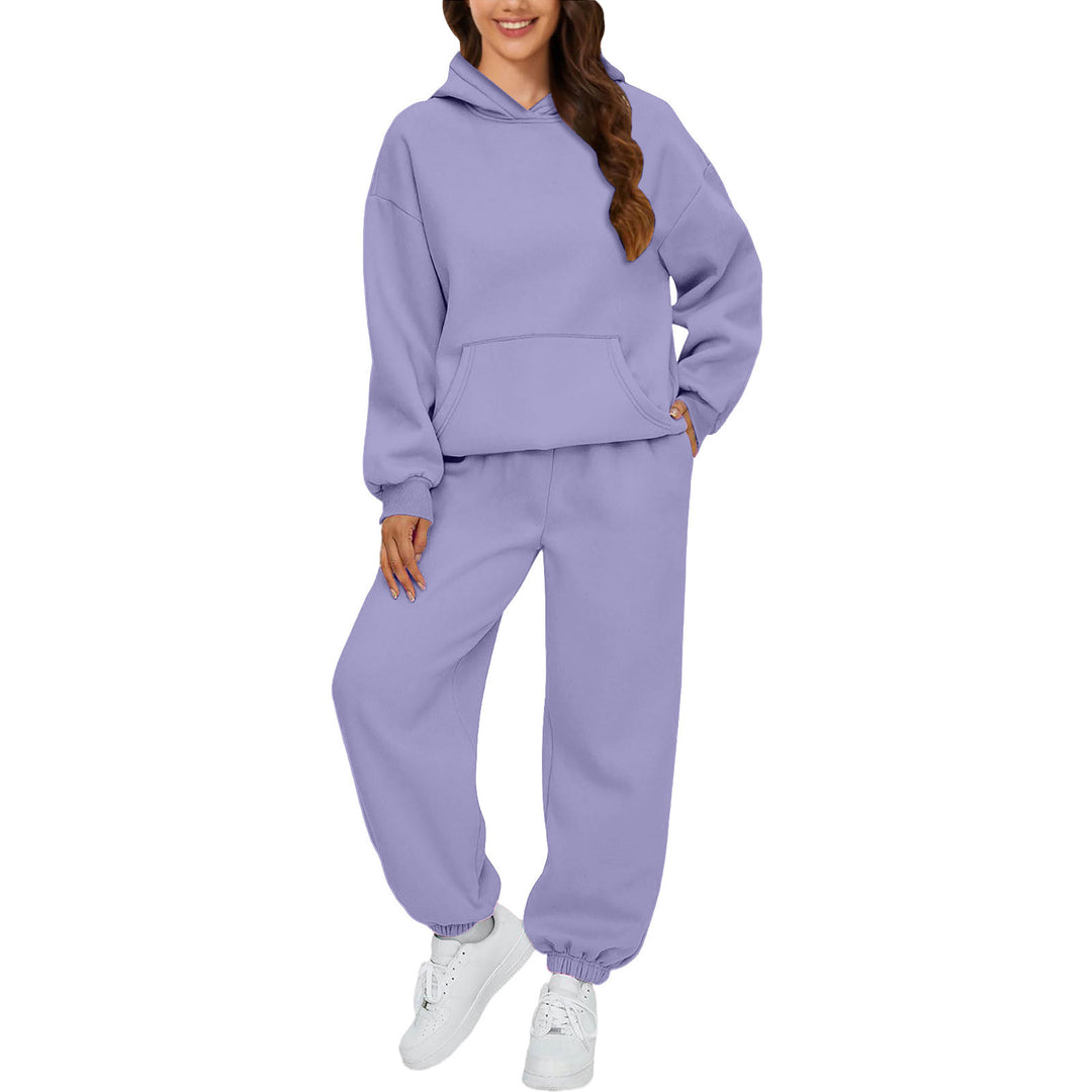 Damen nan gemütliches French-Terry Loungewear-Set mit doppellagiger Kapuze, Kängurutasche und elastischem Knöchel-Jogger Echo Archiv