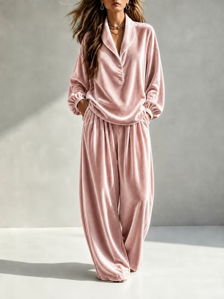 Damen Luxuriöses Velours-Loungewear-Set mit Schalkragen und weiter Palazzo-Hose Echoarchiv