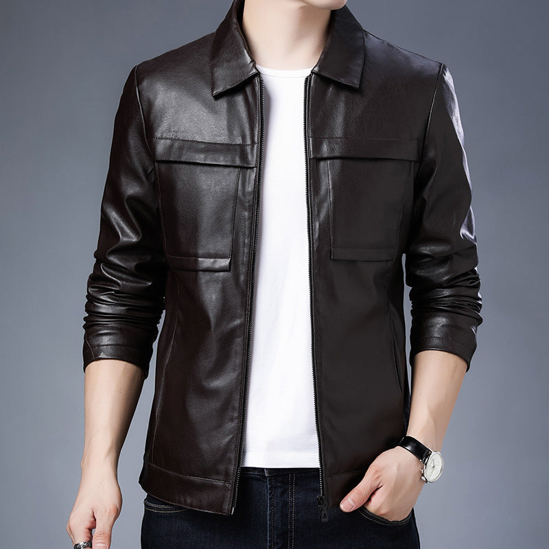 Herren Slim‑Fit Lederoptik-Truckerjacke mit Hemdkragen, verdecktem Reißverschluss und Pattentaschen Echoarchiv