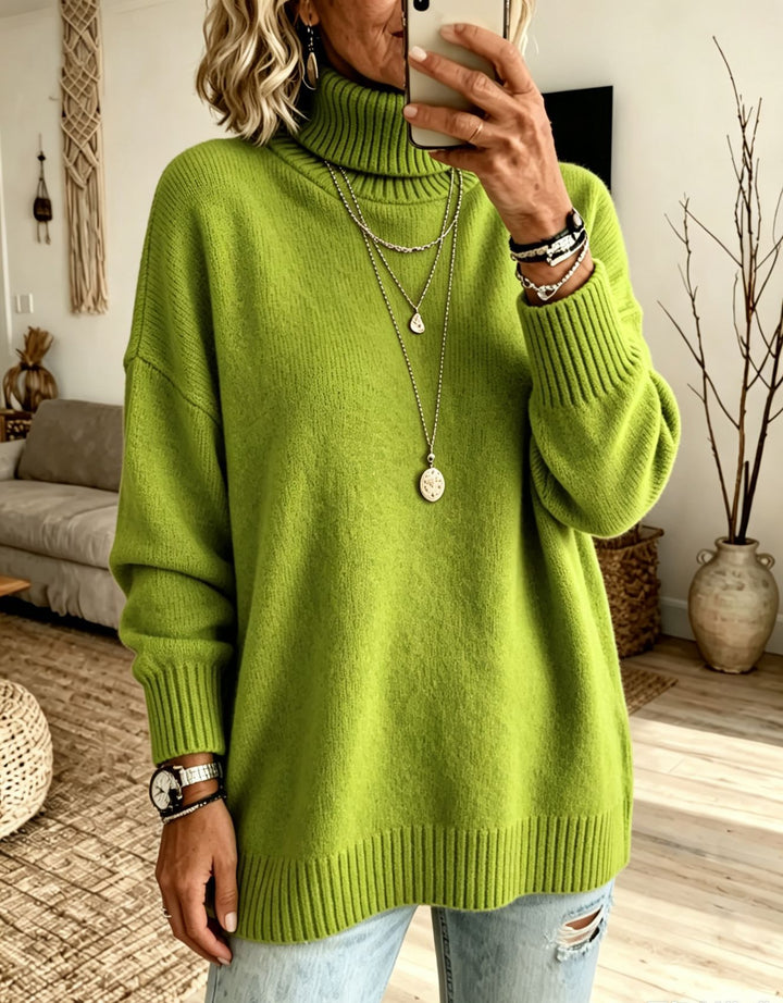 Damen Oversize Rollkragenpullover aus Feinstrick mit gerippten Bündchen und überschnittener Schulter – Mavelle