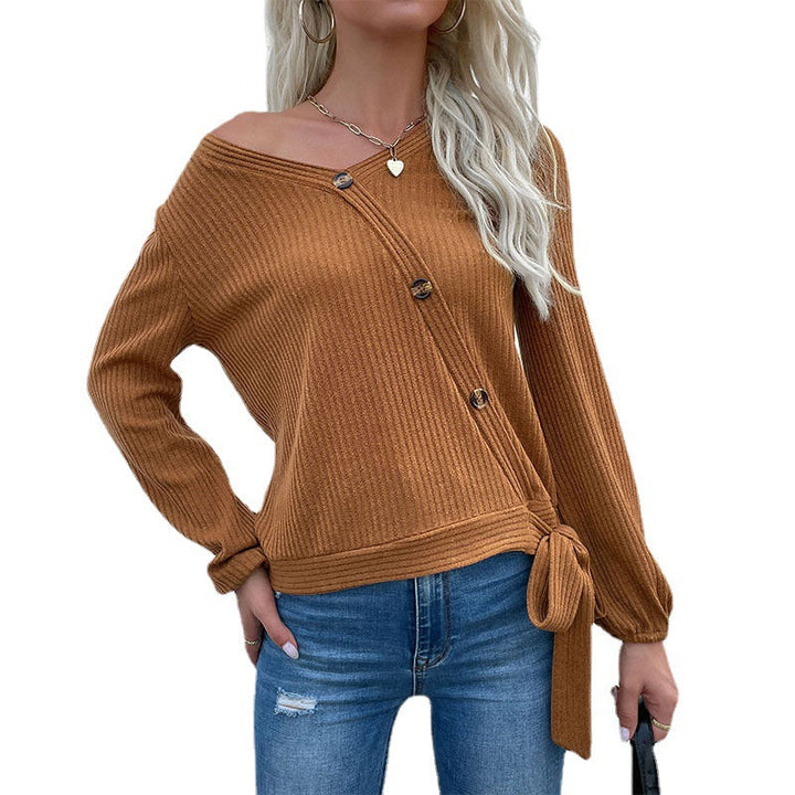 Damen Gerippte Wickel-Strickjacke mit V‑Ausschnitt, asymmetrischer Knopfleiste und Taillenband Echoarchiv