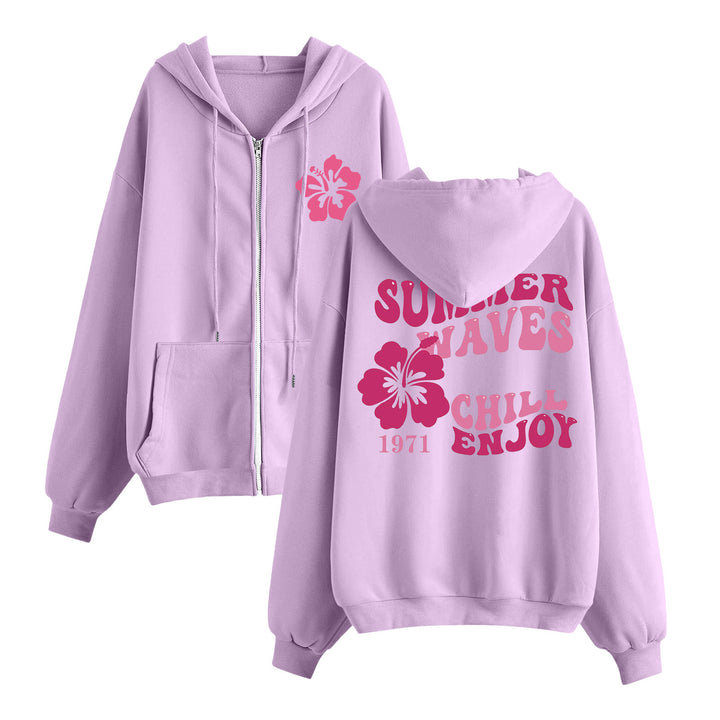 Damen entspannter Zip-Hoodie mit tropischem Hibiskus-Print, Kängurutaschen und gerippten Bündchen – Auréline