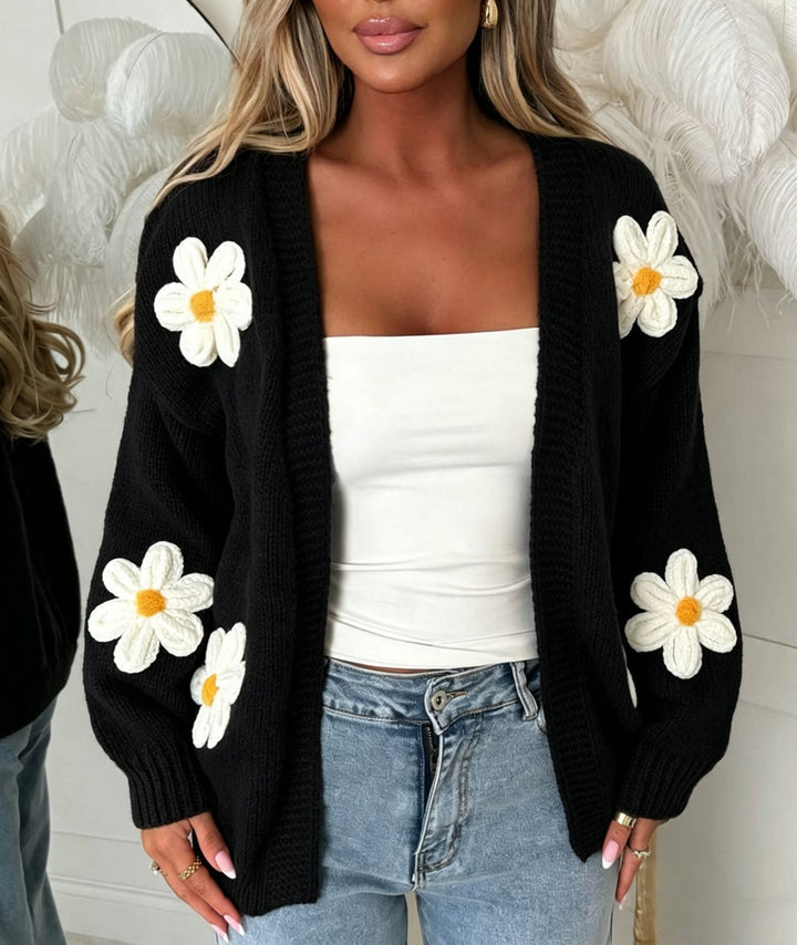 Damen Oversize-Strickcardigan mit 3D-Blumenapplikationen und geripptem Saum – Veloura