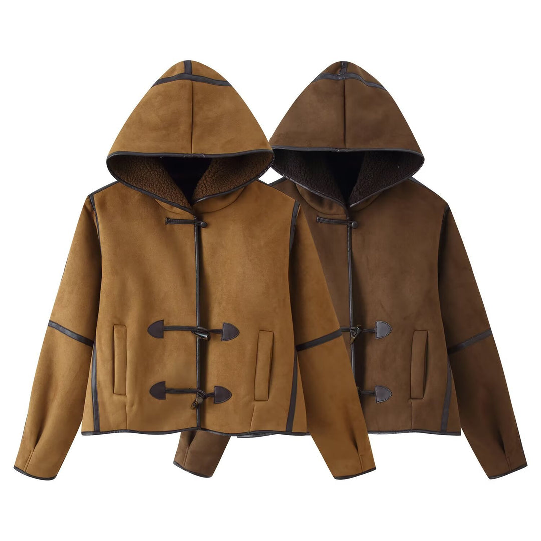 Damen Kurze Kapuzen-Lammfellimitat-Dufflejacke mit Knebelverschlüssen Echo Archiv
