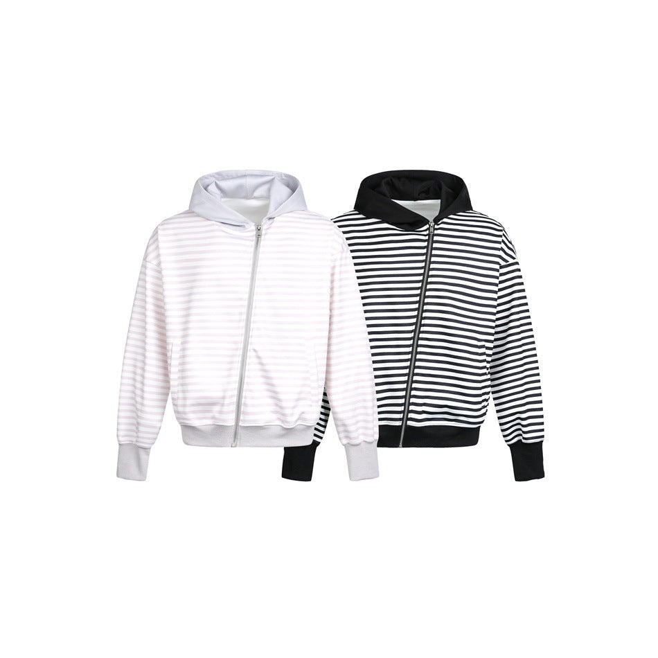 Damen Gestreifte Kapuzen-Zipjacke im Boxy‑Cut mit Rippbündchen und verdeckten Nahttaschen Echoarchiv
