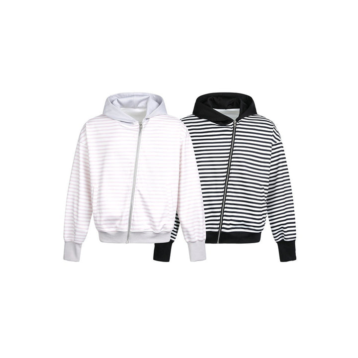 Damen Gestreifte Kapuzen-Zipjacke im Boxy‑Cut mit Rippbündchen und verdeckten Nahttaschen Echoarchiv