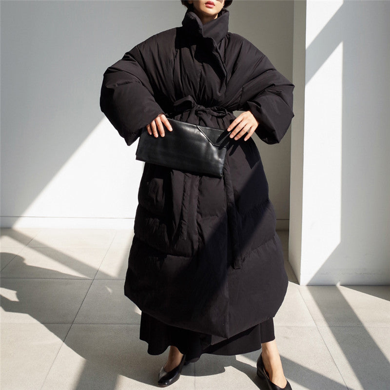 Damen Oversized Steppmantel Maxi mit hohem Stehkragen, Bindegürtel und winddichter Füllung Echoarchiv