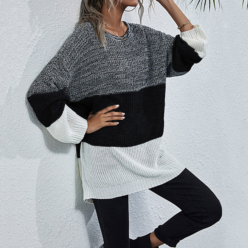 Damen Longline-Grobstrickpullover mit Farbbalken, Rundhalsausschnitt und leicht überschnittener Schulter Echoarchiv