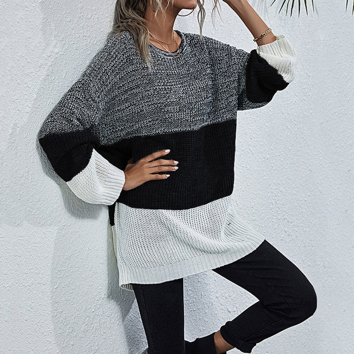 Damen Longline-Grobstrickpullover mit Farbbalken, Rundhalsausschnitt und leicht überschnittener Schulter Echoarchiv